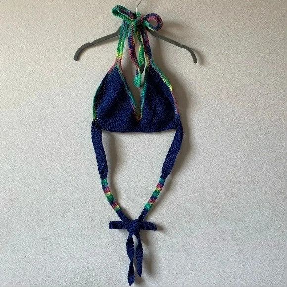 Crochet Knit Halter Bikini Top Womens Blue Multi-color Beach Festival Large B/C - Picture 5 of 5